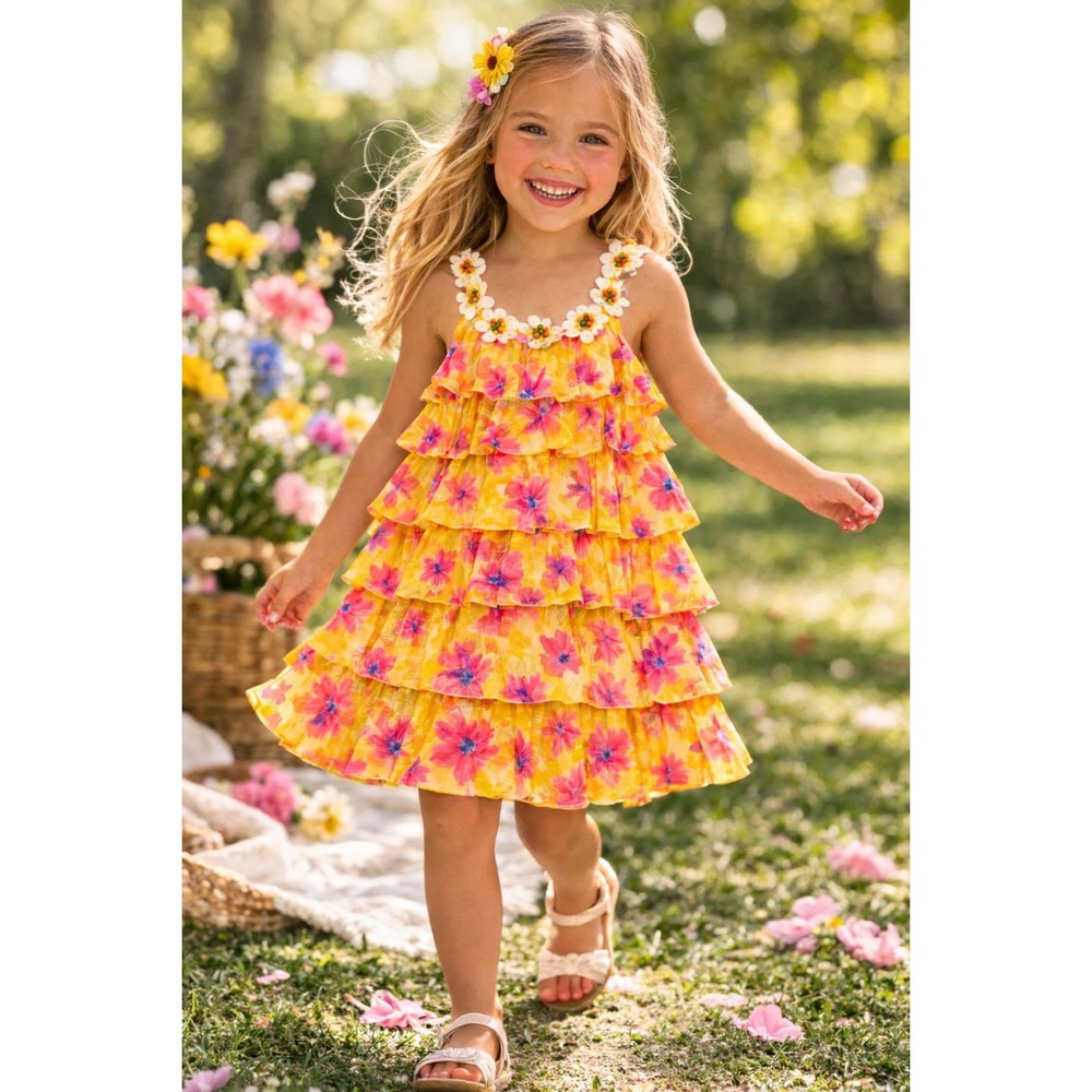 Truly Me Girls Yellow Daisy Yolk Tiered Girls Dress Sz 6 NWT Summer Sun Dress